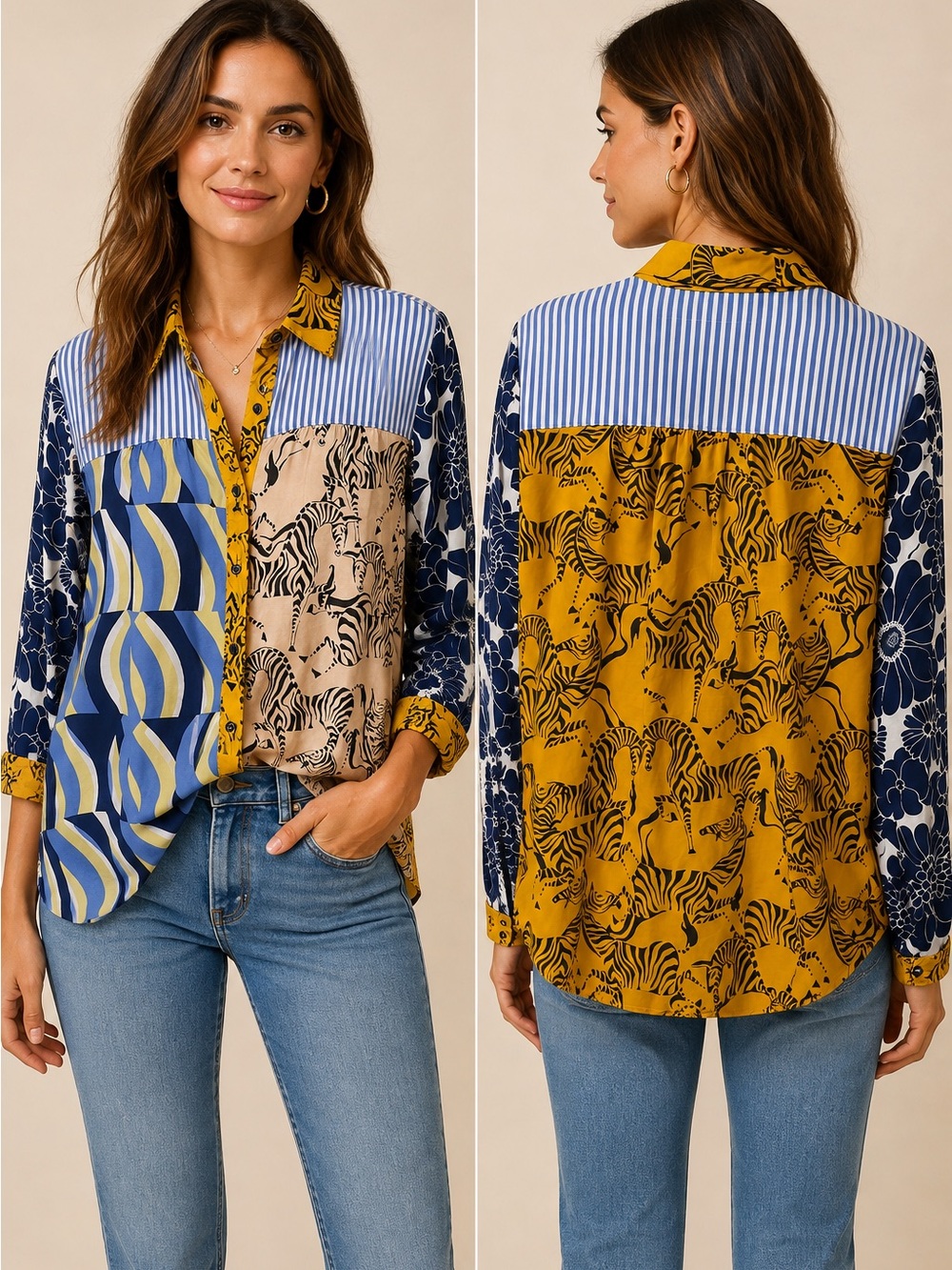 Anthropologie Mixed-Print Button-Down Shirt (111123) 🦓 ☀️